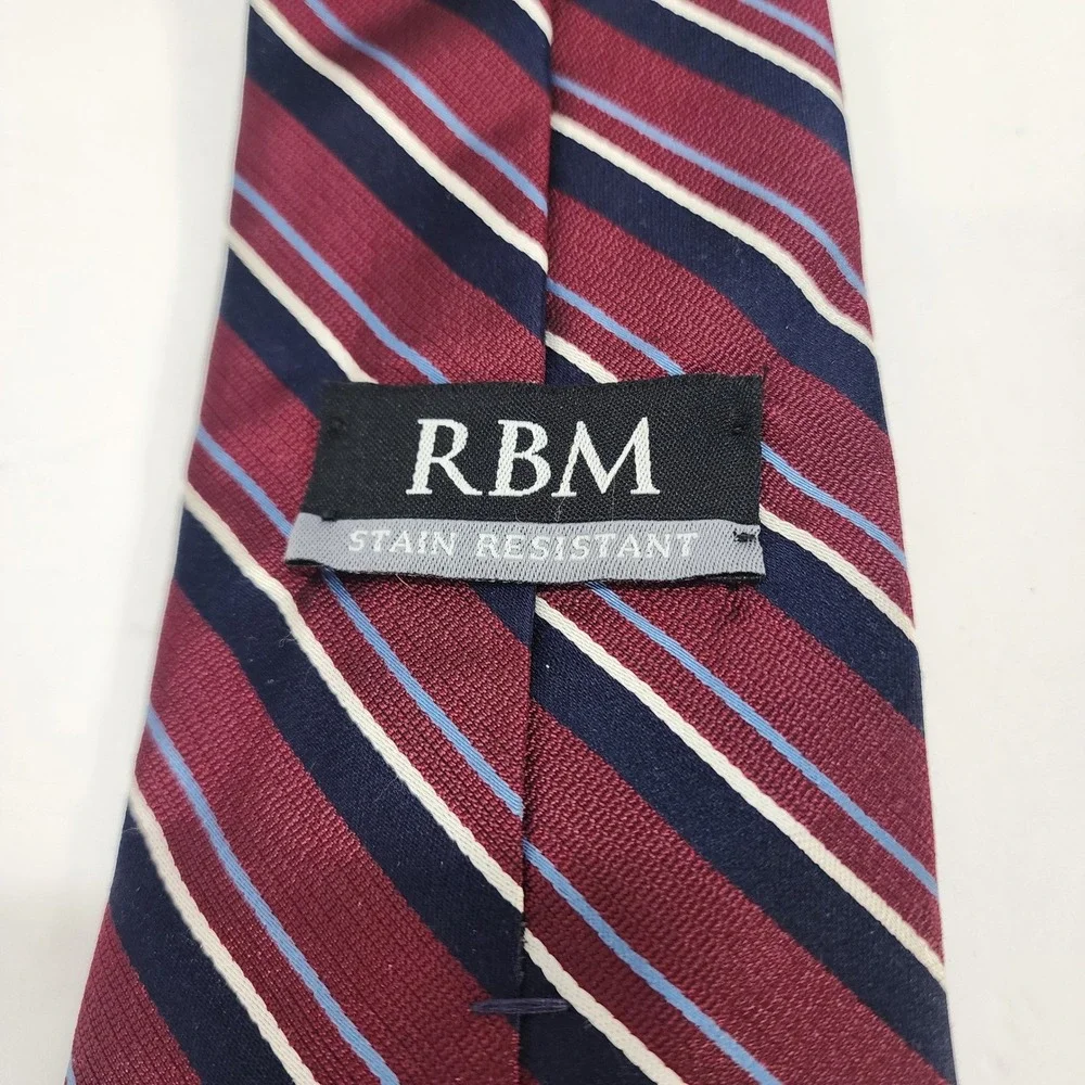 RBM Mens Silk Necktie Burgundy Navy Blue Striped Stain Resistant Made in USA